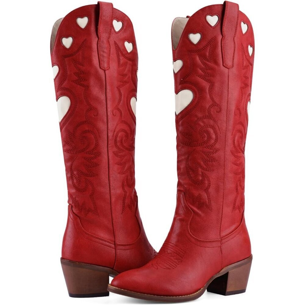 Women's Red Wide Calf Round Toe Chunky Stacked Heel Knee High Cowgirl Boot - Picture 7 of 9